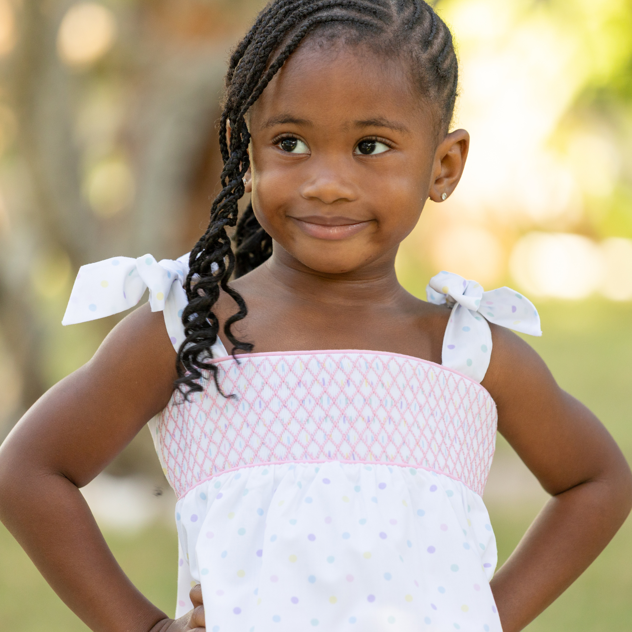 Henry Duvall Betsy Bloomer Set with hand-smocked top in Dumnore Dot print and matching pink bloomers, classic heirloom baby girl summer outfit with shoulder ties
