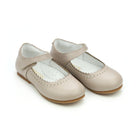 L’Amour Lucille scalloped leather Mary Jane flats for girls, available in almond, French blue, and white, perfect for fall outfits and coordinating with Henry Duvall dresses