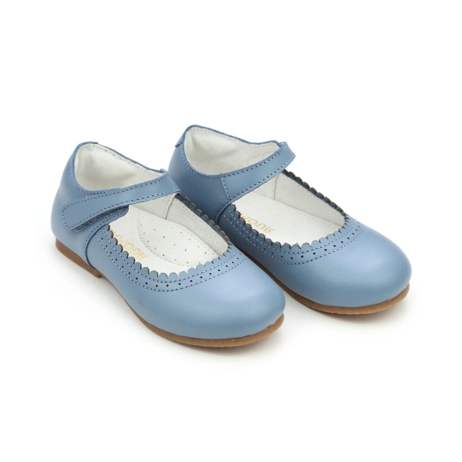 L’Amour Lucille scalloped leather Mary Jane flats for girls, available in almond, French blue, and white, perfect for fall outfits and coordinating with Henry Duvall dresses