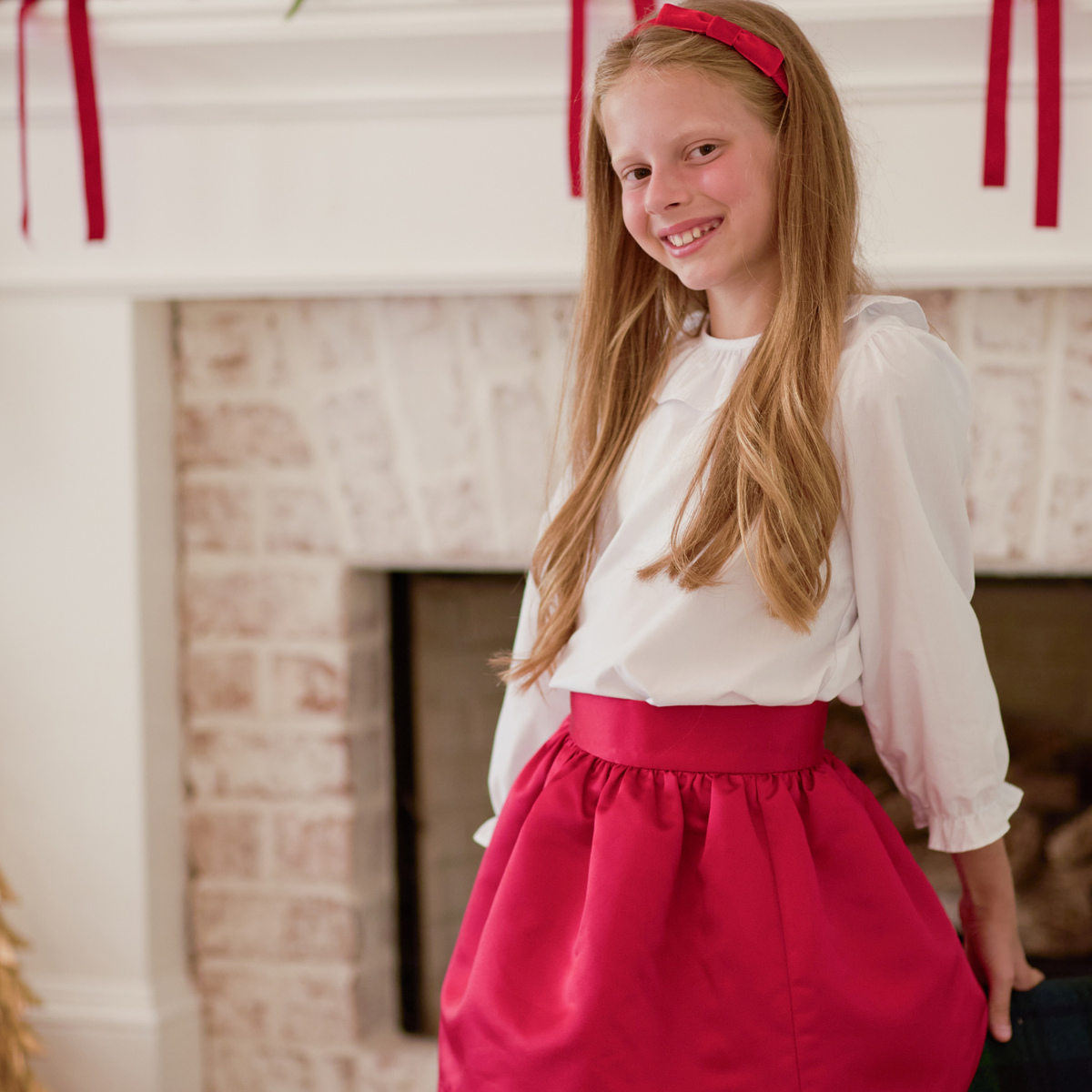 Red holiday skirt for teen girls with subtle pleats and elegant shine, Henry Duvall Sutton Skirt with elastic waistband and classic A-line silhouette