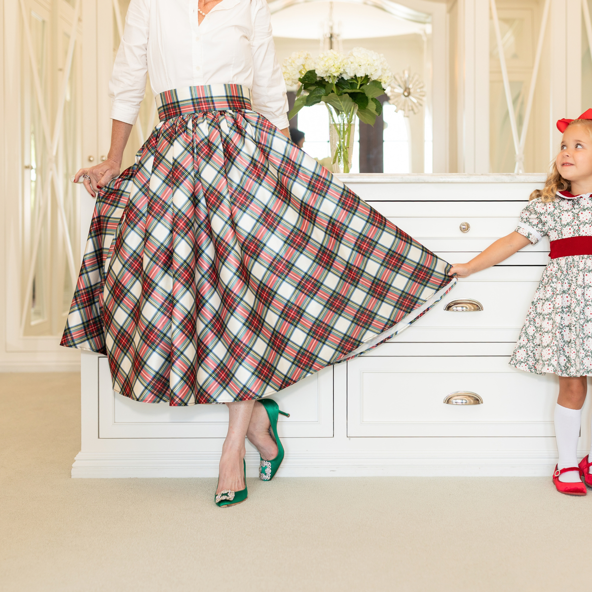 Henry Duvall Audrey Skirt for women in traditional red Townsend Tartan, classic holiday plaid skirt with flattering pleats and timeless silhouette, perfect for festive gatherings and family photos