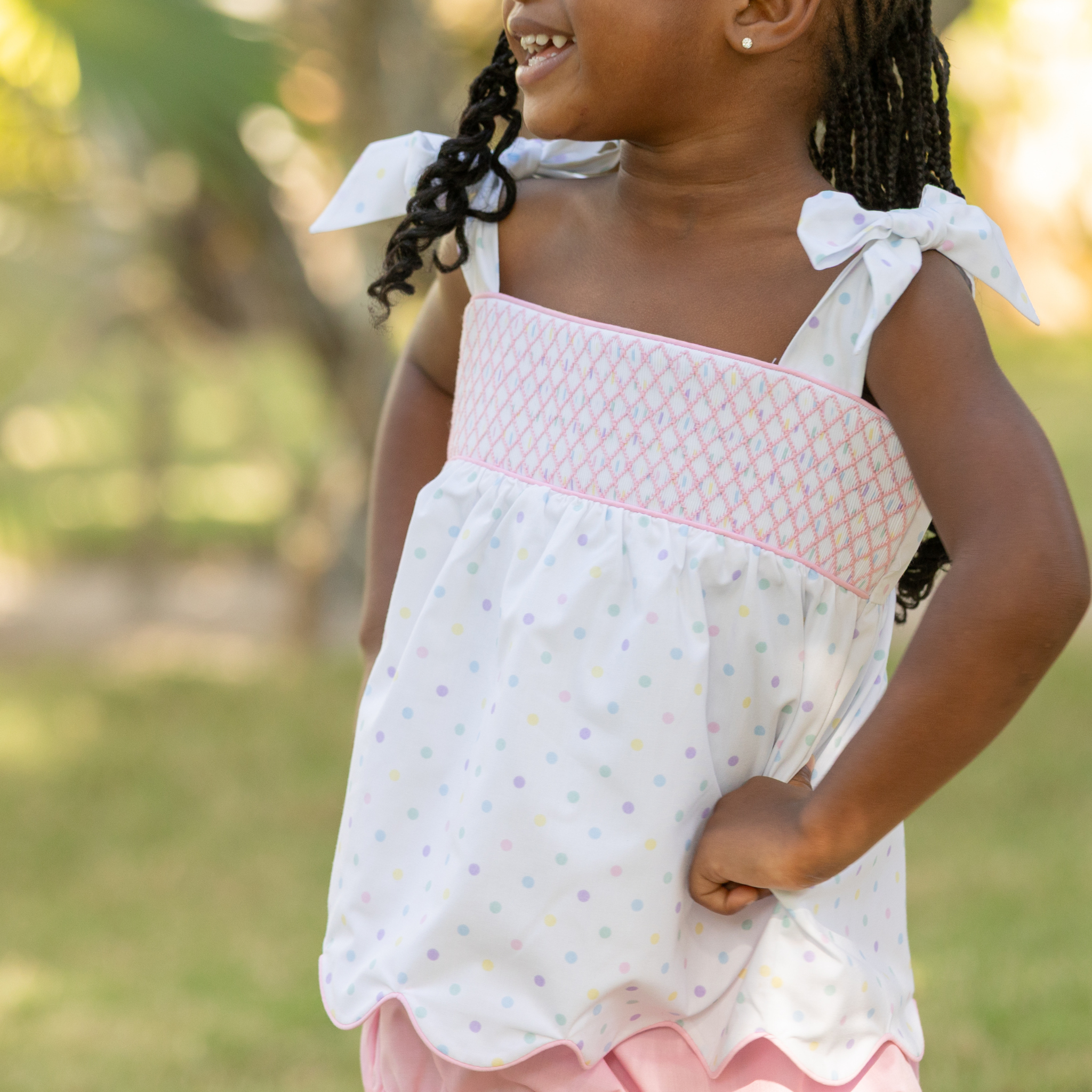 Henry Duvall Betsy Bloomer Set with hand-smocked top in Dumnore Dot print and matching pink bloomers, classic heirloom baby girl summer outfit with shoulder ties