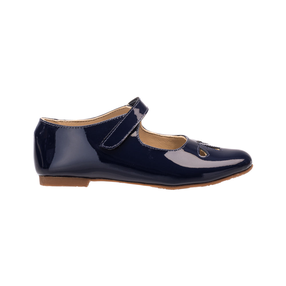 Elephantito navy patent leather Mary Jane with cut-out detail and adjustable strap, classic girls’ dress shoe for fall outfits, school events, and special occasions at Henry Duvall