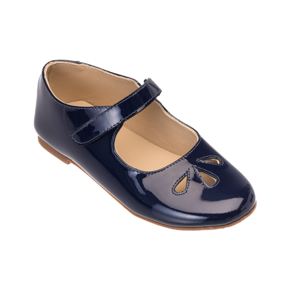 Elephantito navy patent leather Mary Jane with cut-out detail and adjustable strap, classic girls’ dress shoe for fall outfits, school events, and special occasions at Henry Duvall
