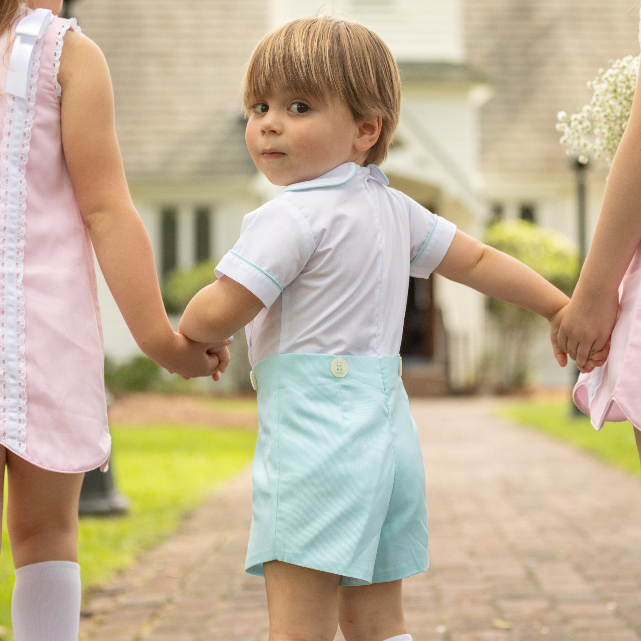 Henry Duvall Benjamin Button-On for baby boys in seafoam blue, a classic heirloom-style button-on outfit with tailored silhouette.