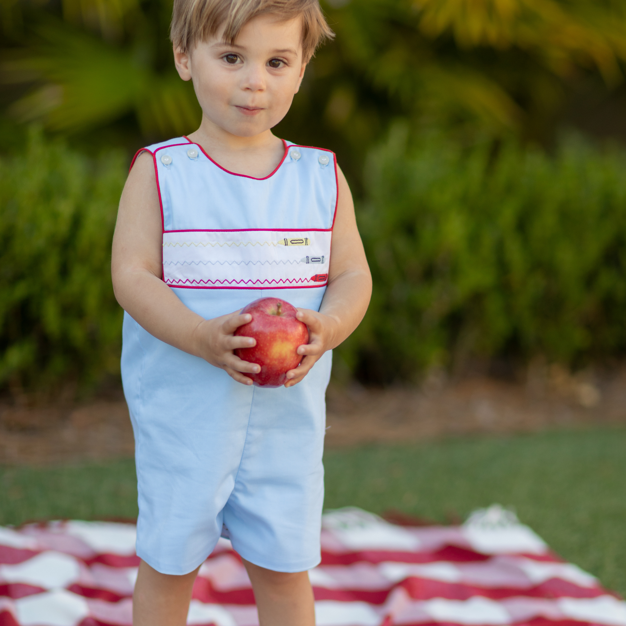 Henry Duvall Jennings Jon Jon in light blue with crayon embroidery, classic toddler boy back-to-school outfit for first day of school photos and fall occasions.