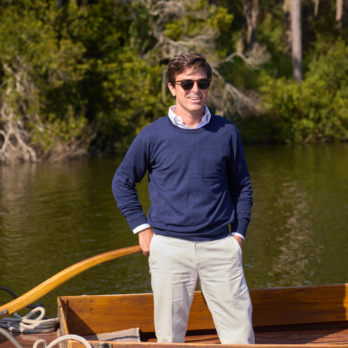 Men’s classic navy crewneck sweater by Henry Duvall, soft anti-pilling knit for fall layering, coordinates with children's styles for timeless father-son looks