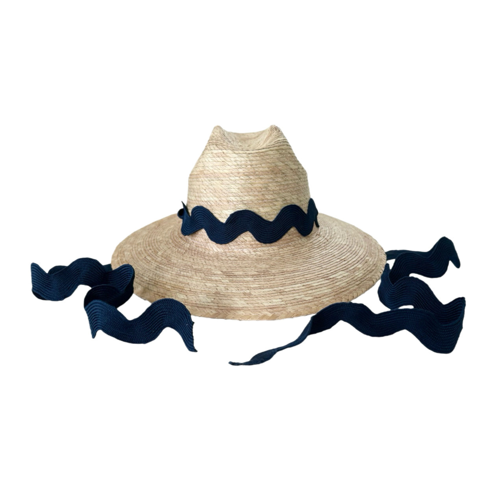 Straw hat with navy blue ribbon on a white background