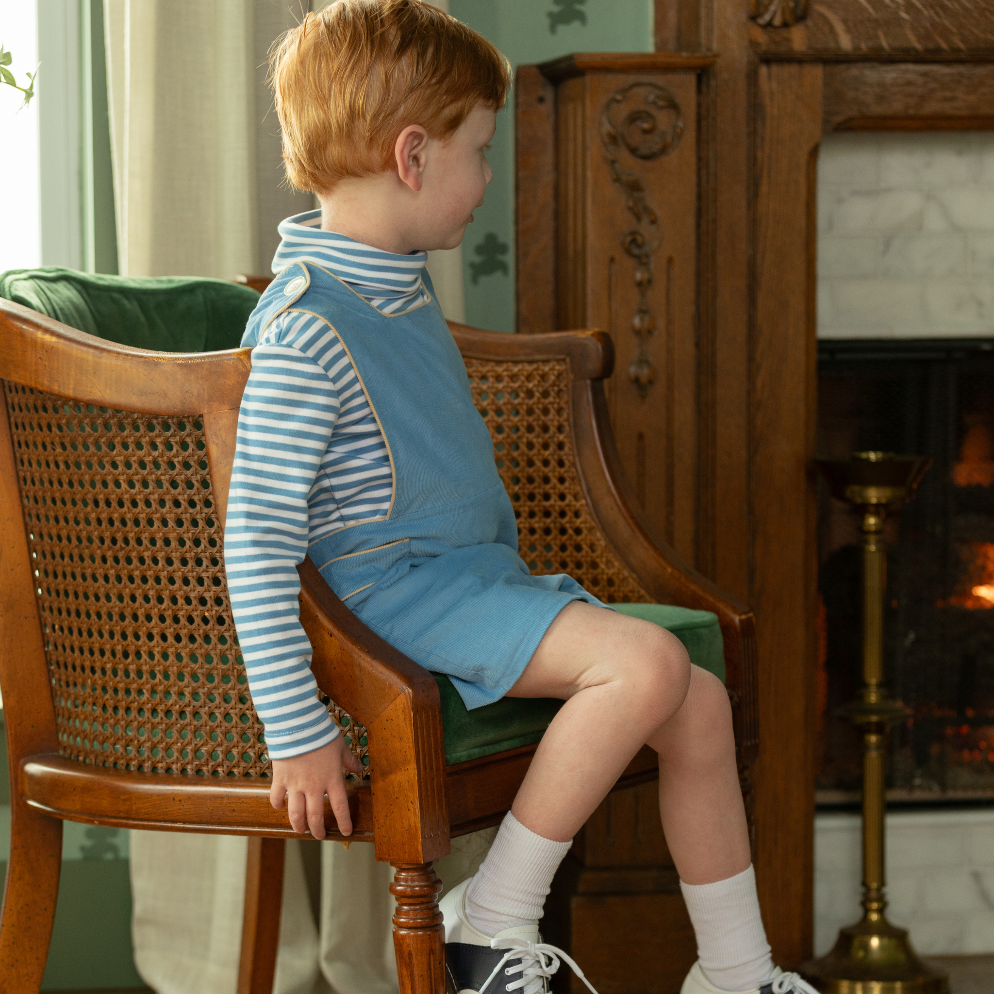 Henry Duvall James Henry Jon Jon for baby and toddler boys in Brookhaven Blue corduroy with contrasting King’s Way Khaki corduroy trim, a classic fall outfit for layering, family photos, Thanksgiving, church, and everyday wear.