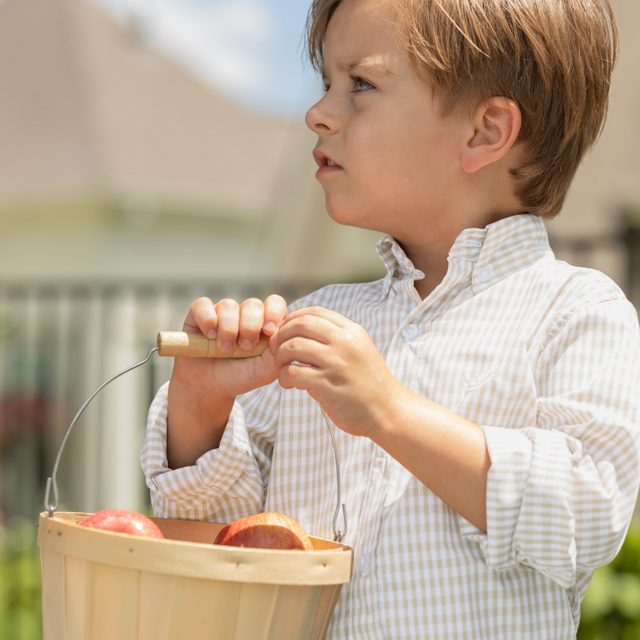 Henry Duvall Bennett Button Down in King's Way Khaki Check, classic boys fall dress shirt perfect for pairing with khaki corduroy trousers and coordinating sibling sets
