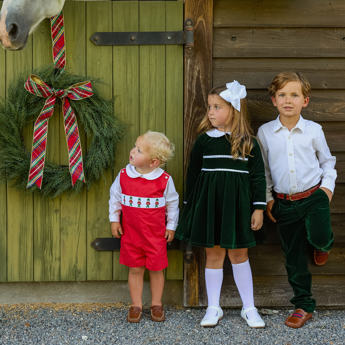 Red boys holiday Jon Jon with toy soldier smocking across the chest, Henry Duvall George Jon Jon in cotton poplin for classic Christmas dressing