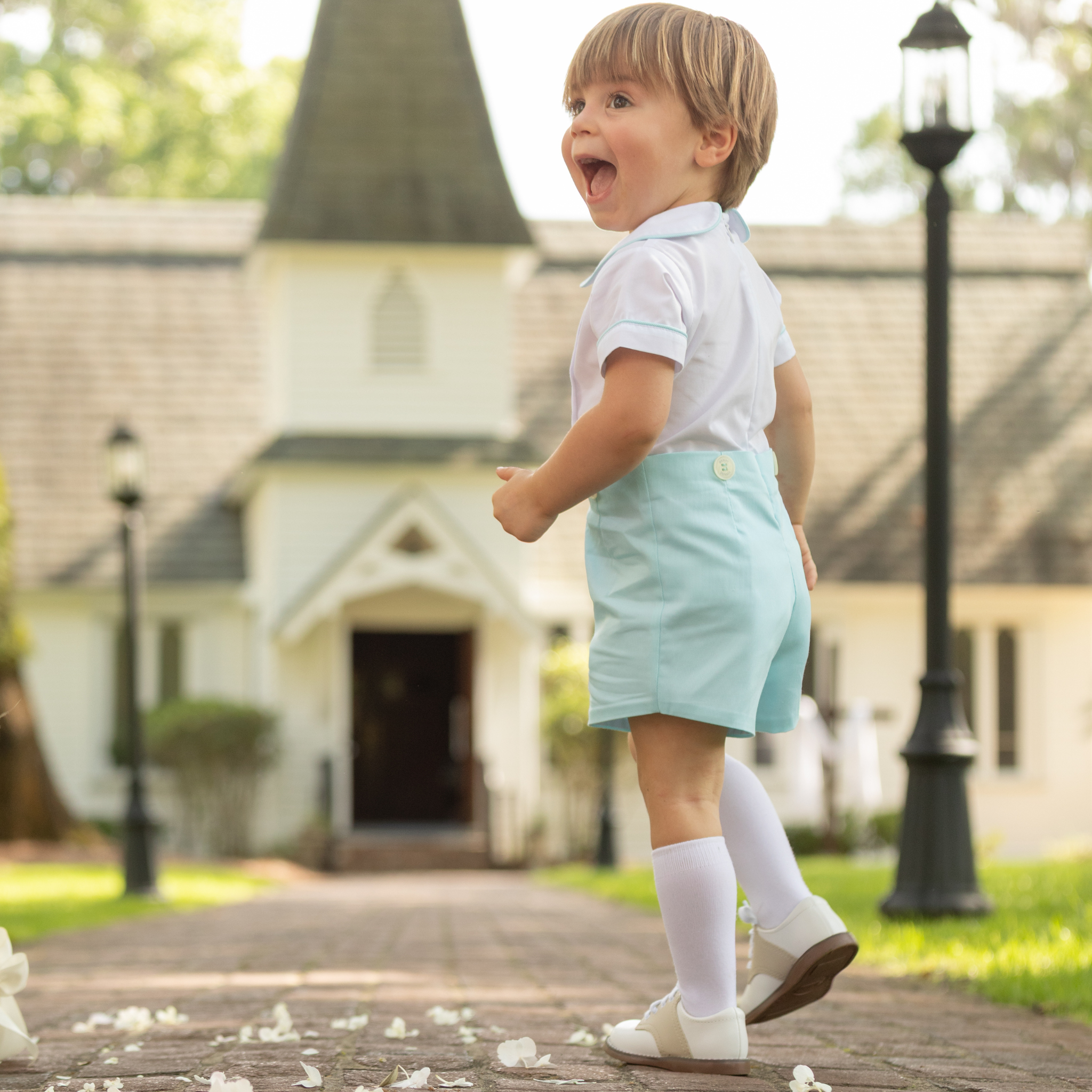 Henry Duvall Benjamin Button-On for baby boys in seafoam blue, a classic heirloom-style button-on outfit with tailored silhouette.
