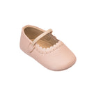 Elephantito baby ballet flats in white calfskin with scalloped trim and elastic strap, classic crib shoes for girls to pair with Henry Duvall outfits for portraits and baby showers.