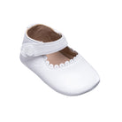 Elephantito baby Mary Jane shoes with scalloped edge, pearled button detail, and flexible rubber sole, classic first walker shoes for baby girls at Henry Duvall