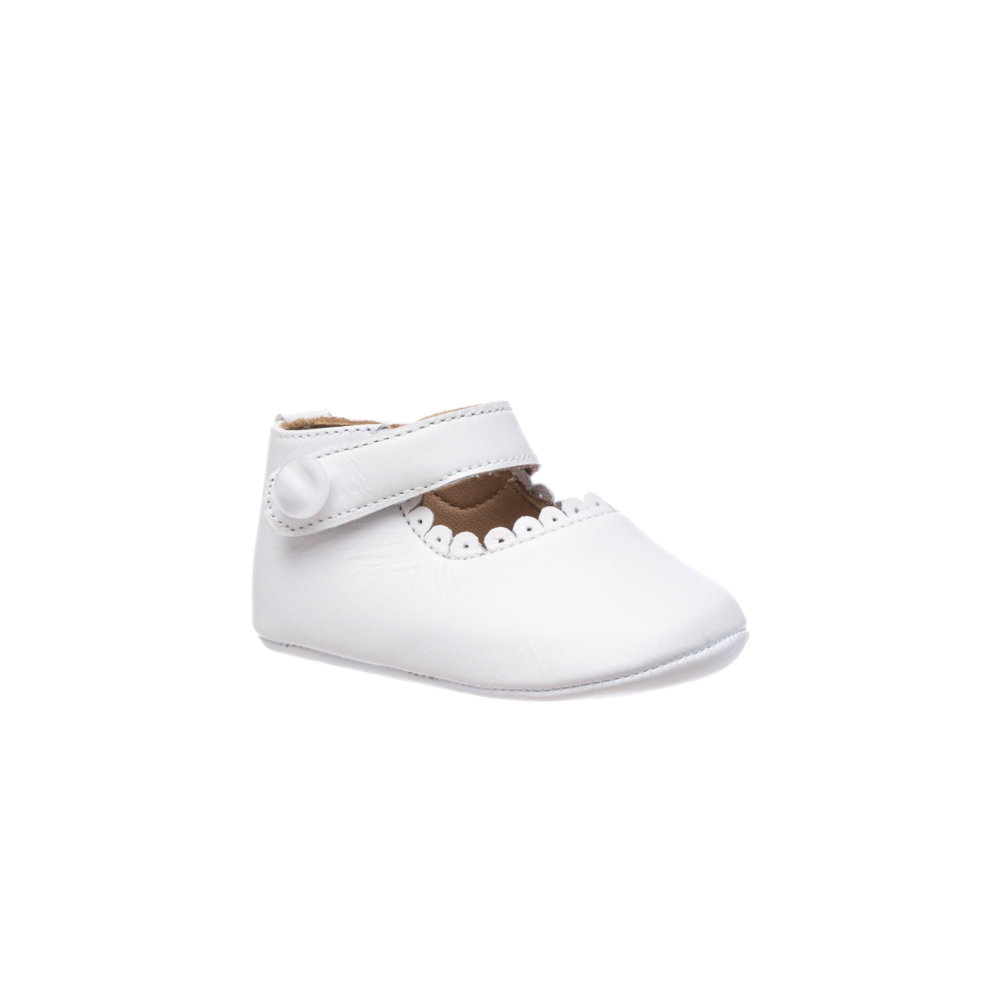 Elephantito baby Mary Jane shoes with scalloped edge, pearled button detail, and flexible rubber sole, classic first walker shoes for baby girls at Henry Duvall