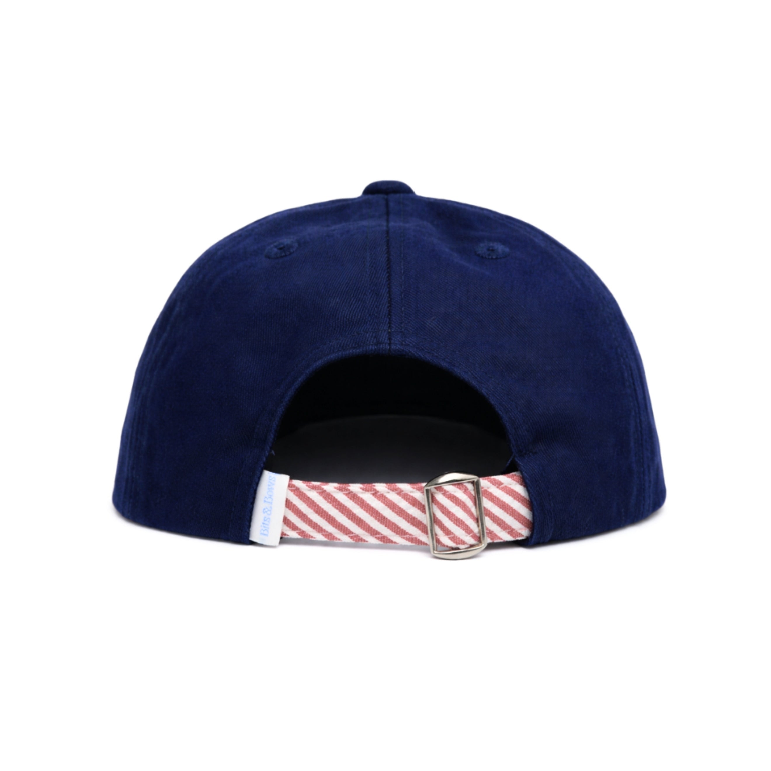 Navy blue cap with a red and white striped band on a white background