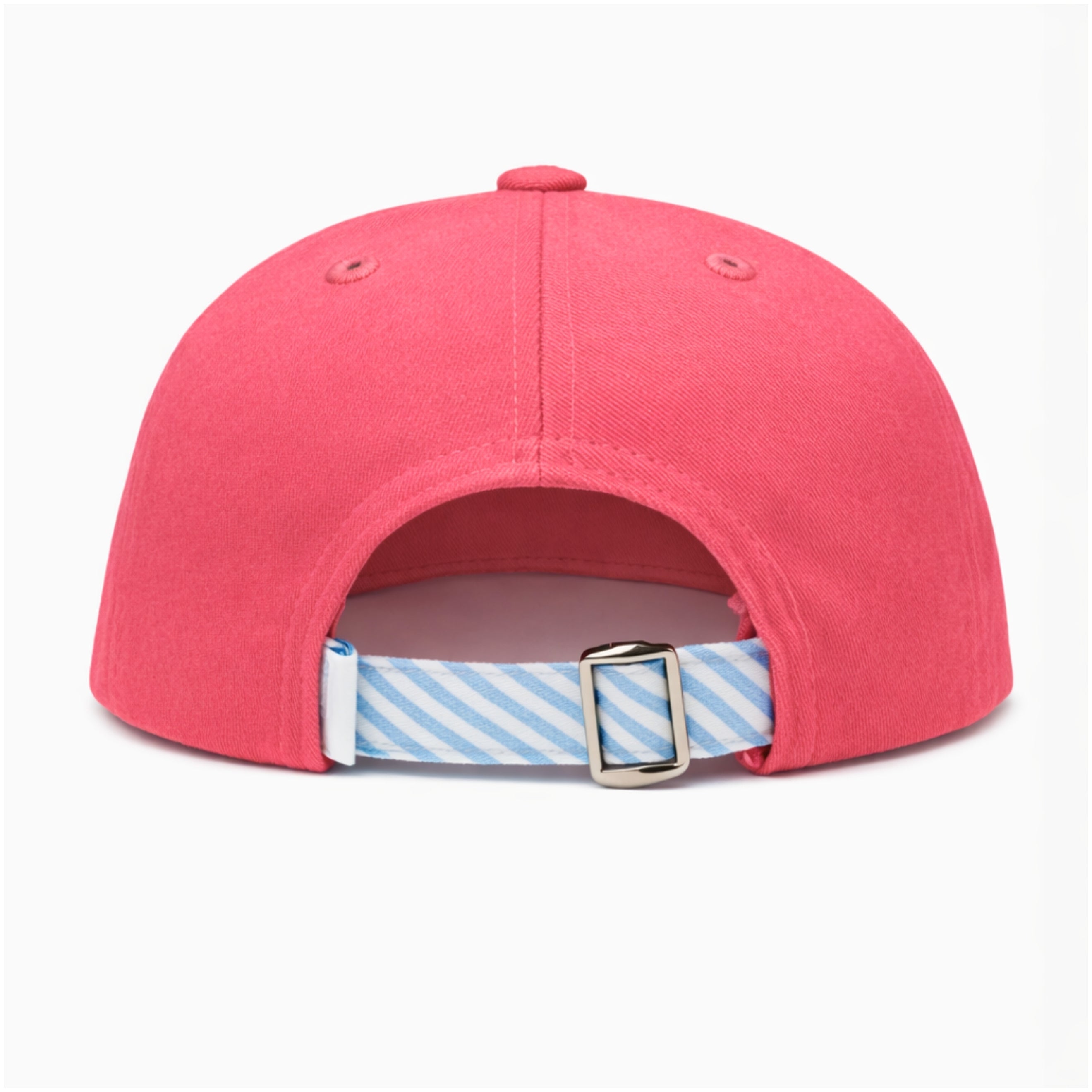 Pink cap with a blue and white striped strap on a white background