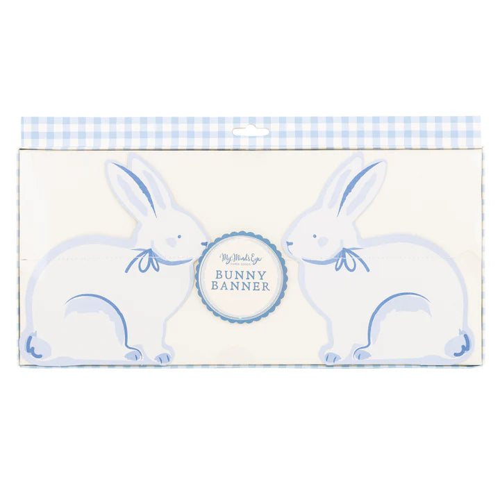 Bunny banner with blue checkered border and white bunnies on a white background