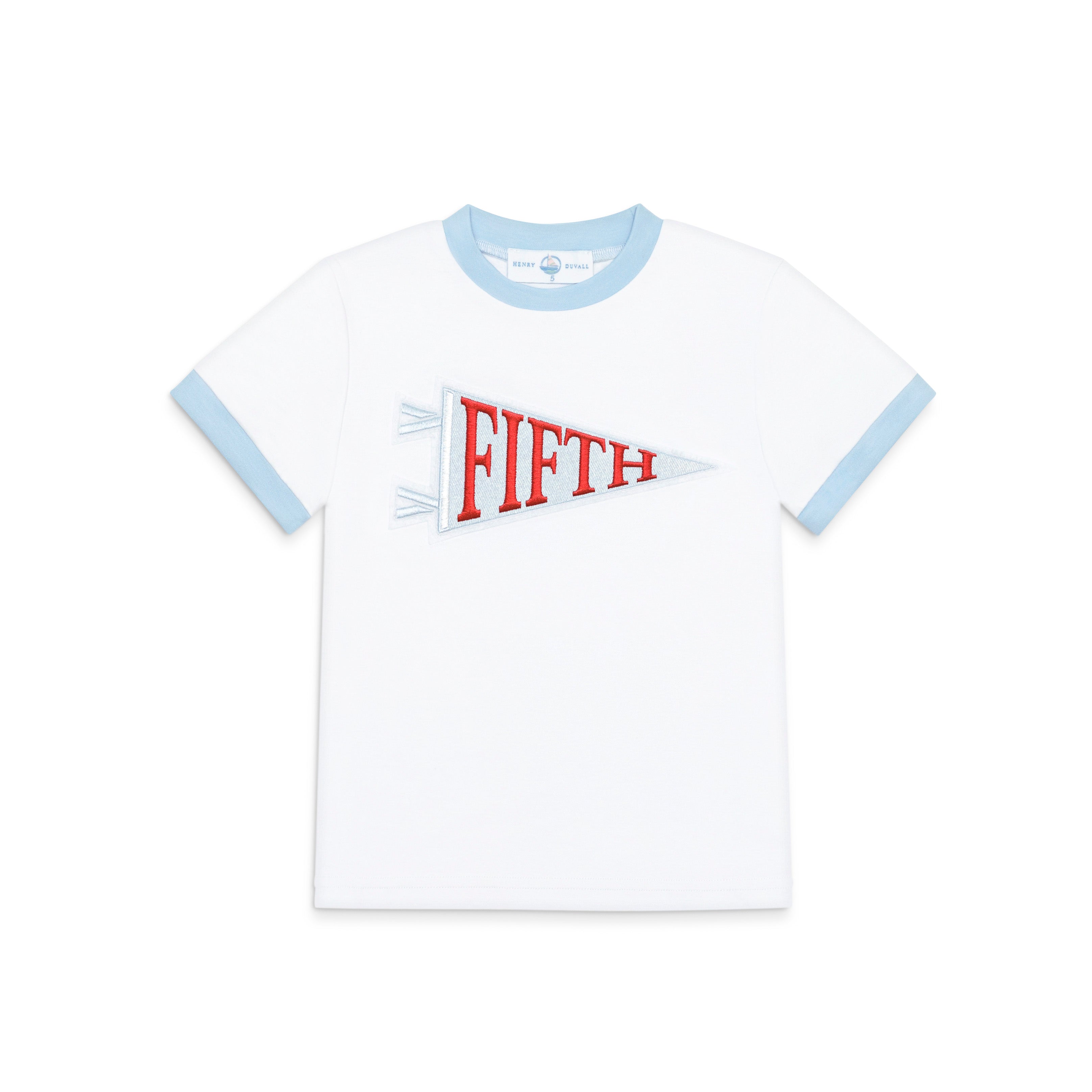 Henry Duvall Pennant Tee featuring appliqué grade pennant, classic back-to-school shirt for kindergarten through fifth grade, perfect for first day of school photos and school milestone celebrations.