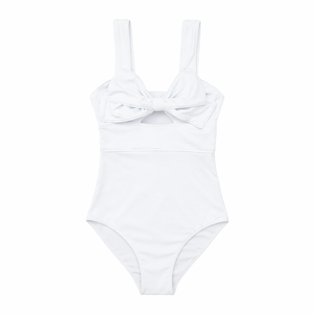 Classic women’s one piece swimsuit with flattering cutouts, bow detail, and full coverage in UPF 50+ swim fabric by Henry Duvall