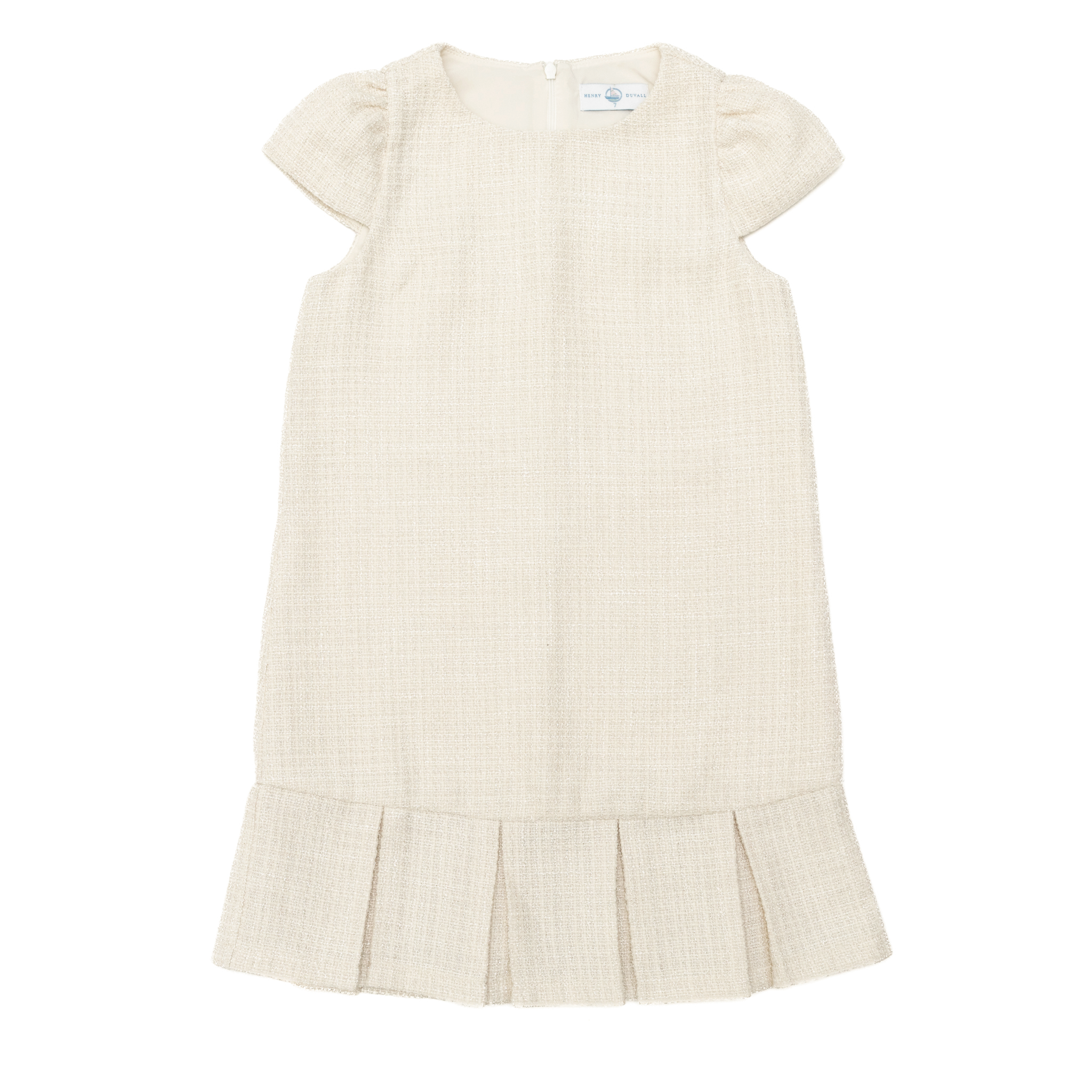 Henry Duvall Charlotte Dress for girls in cream tweed, a classic older girls dress with cap sleeves and box pleat hem.