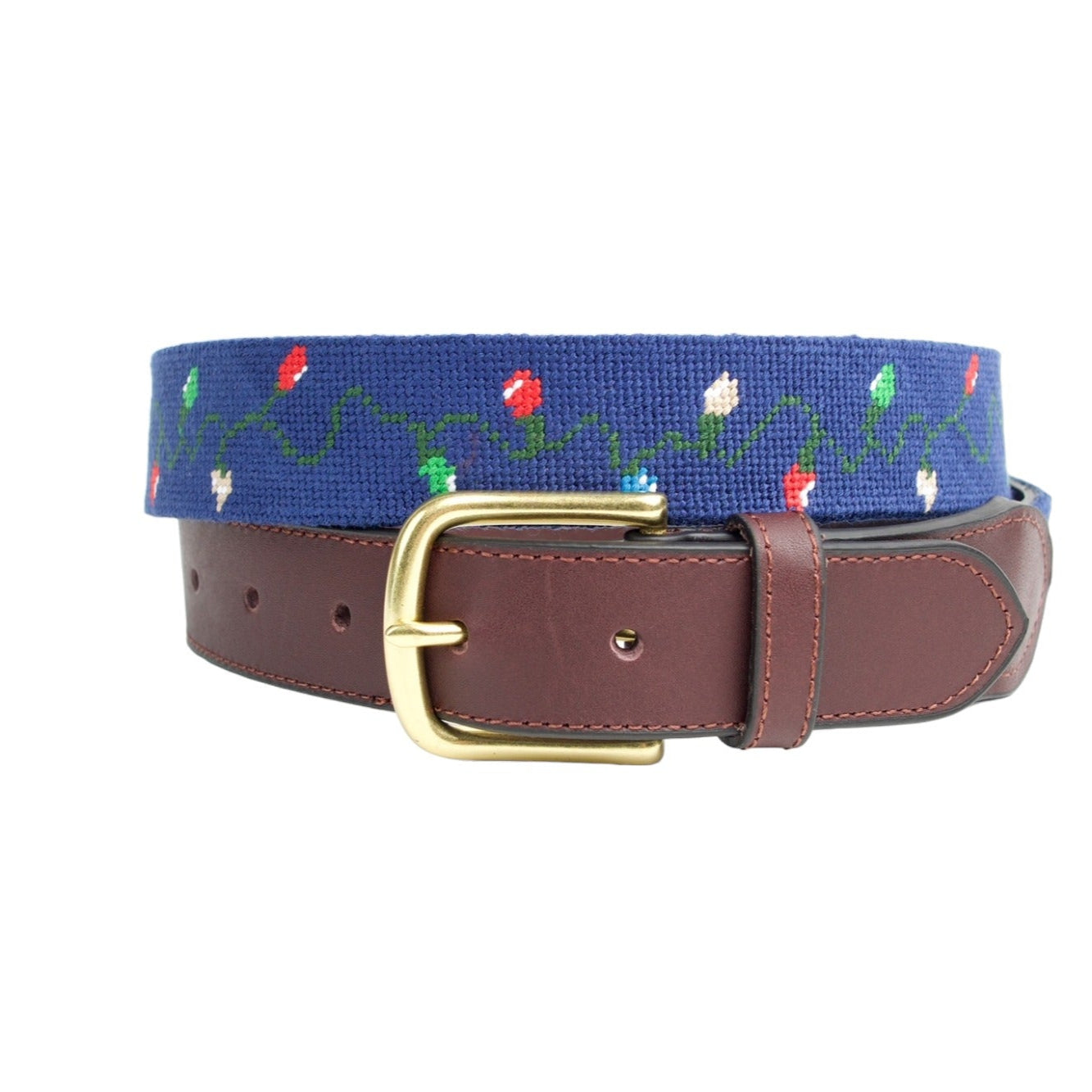Men’s needlepoint belt with hand-stitched Christmas lights design, leather backing and brass buckle, classic holiday accessory – Henry Duvall