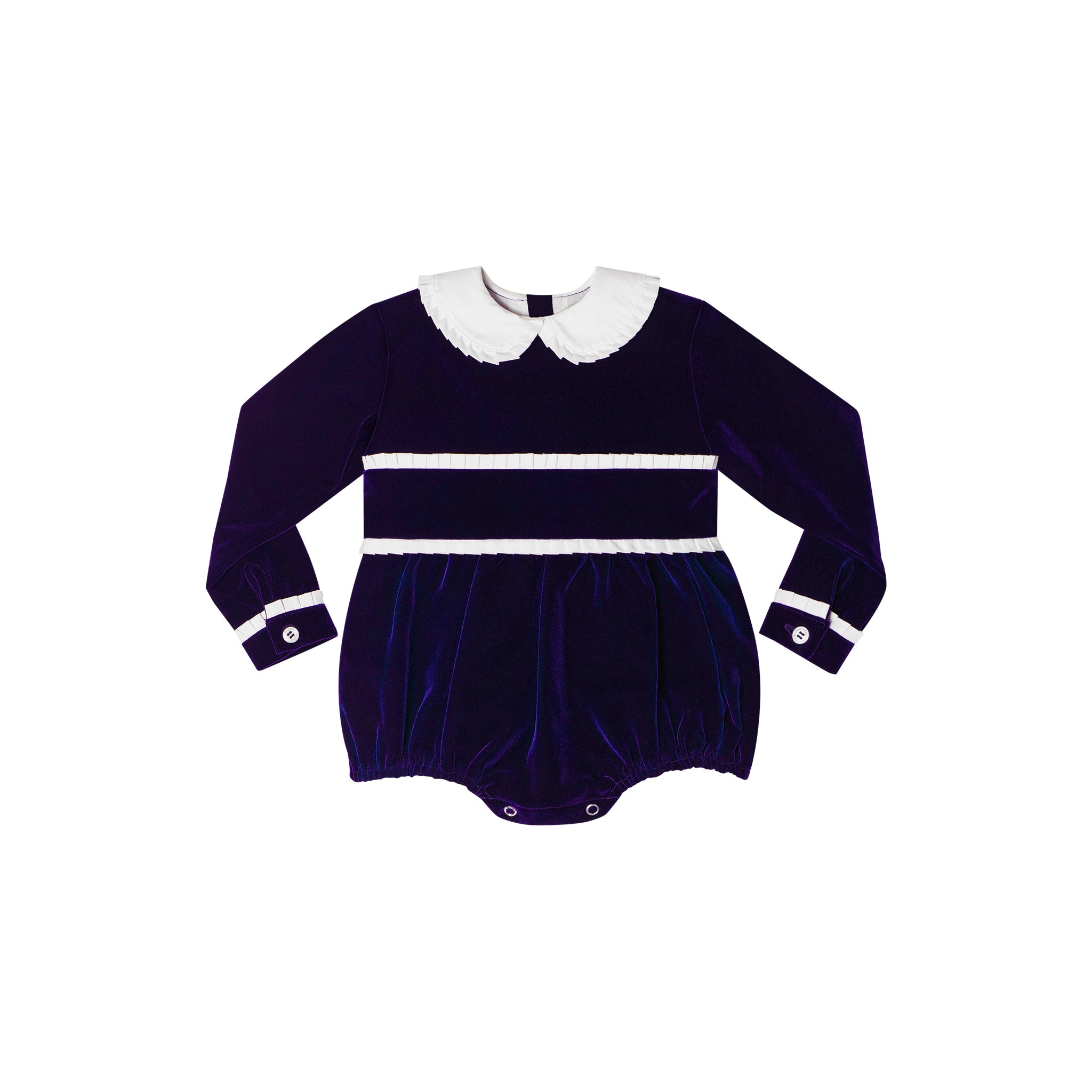 Baby girls navy velvet bubble with white pleated detailing and pre-tied bow, long sleeve fall outfit for special occasions and family photos by Henry Duvall