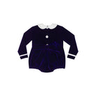 Baby girls navy velvet bubble with white pleated detailing and pre-tied bow, long sleeve fall outfit for special occasions and family photos by Henry Duvall