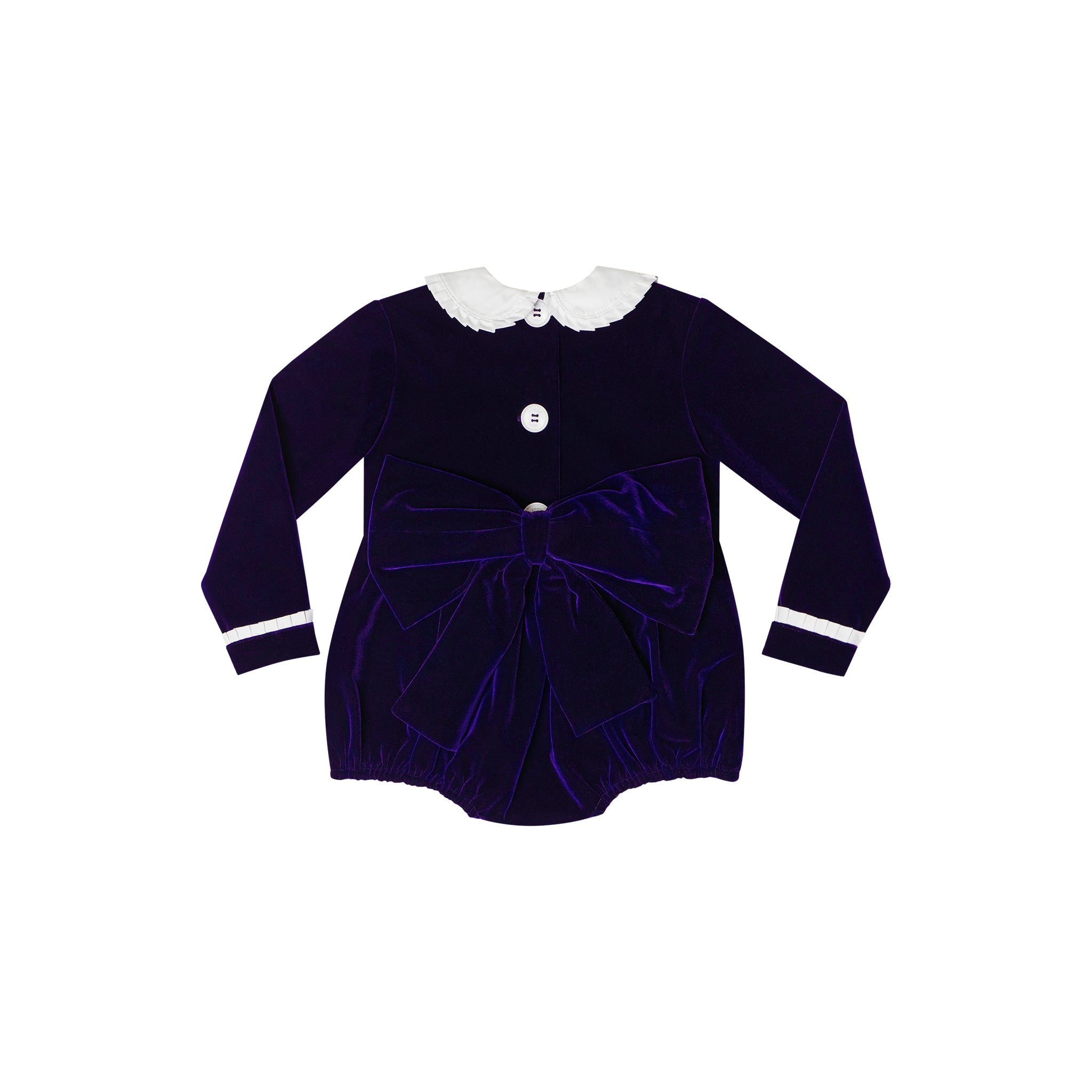 Baby girls navy velvet bubble with white pleated detailing and pre-tied bow, long sleeve fall outfit for special occasions and family photos by Henry Duvall