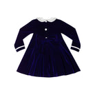 Girls long sleeve navy velvet party dress with white pleated details and pre-tied back bow, perfect for fall family photos and special occasions from Henry Duvall