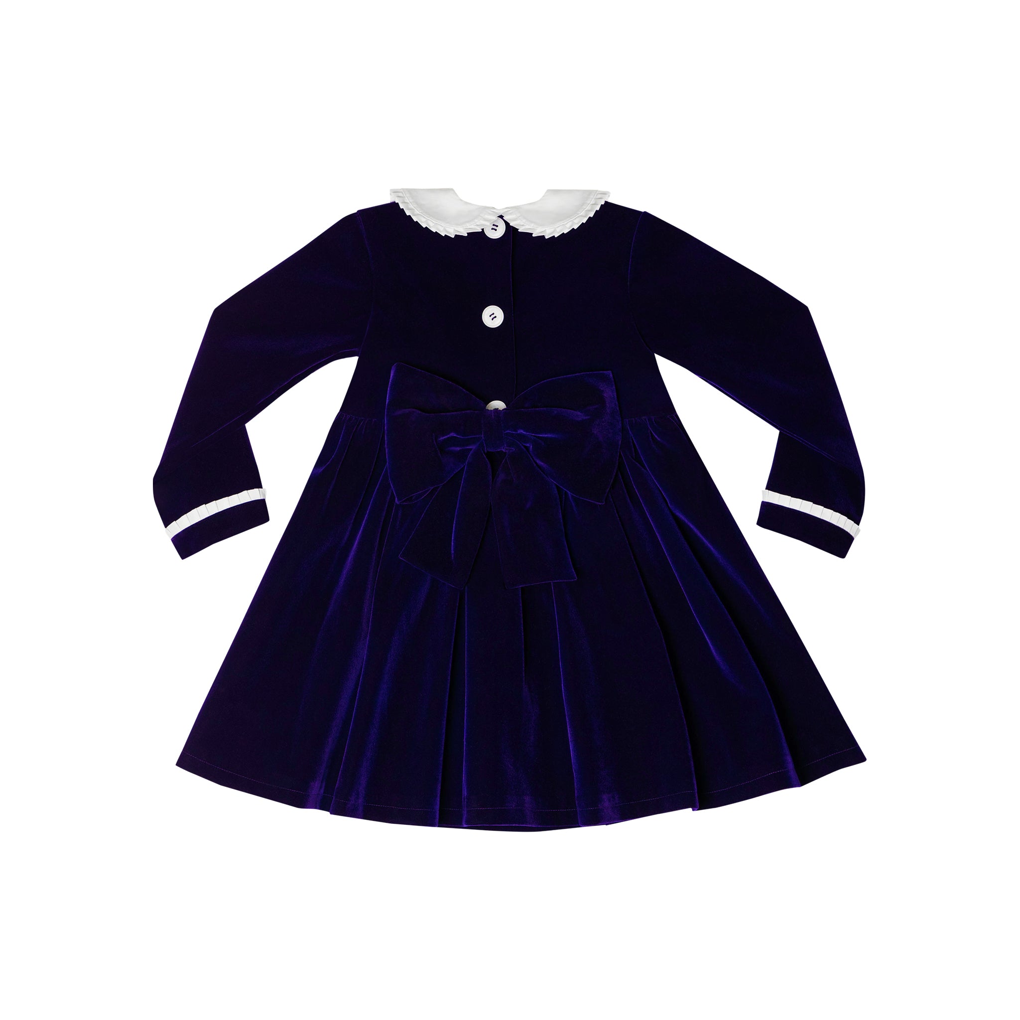 Girls long sleeve navy velvet party dress with white pleated details and pre-tied back bow, perfect for fall family photos and special occasions from Henry Duvall