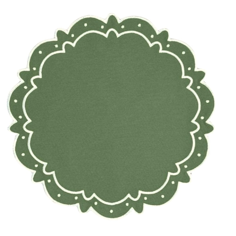 Classic round green scalloped placemats with white embroidery, perfect for Thanksgiving or holiday table settings, handcrafted from a premium cotton blend.