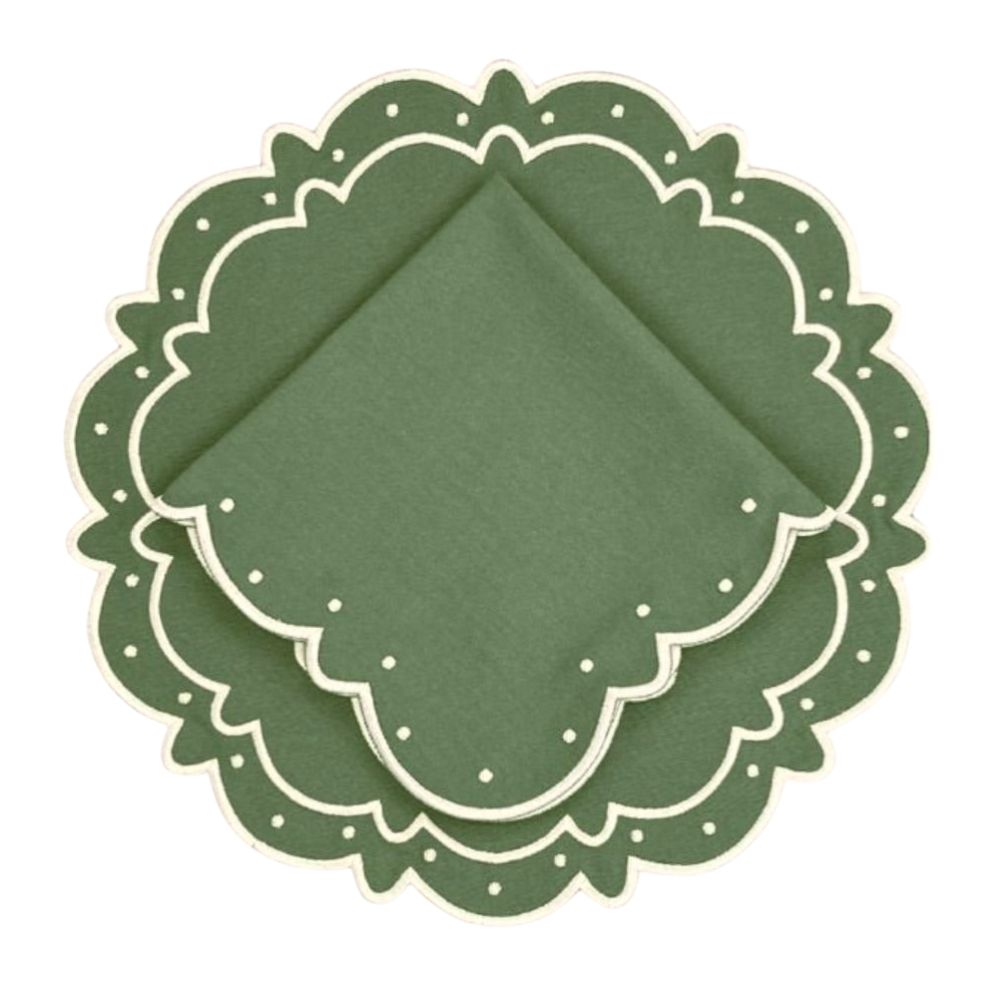 Classic round green scalloped placemats with white embroidery, perfect for Thanksgiving or holiday table settings, handcrafted from a premium cotton blend.
