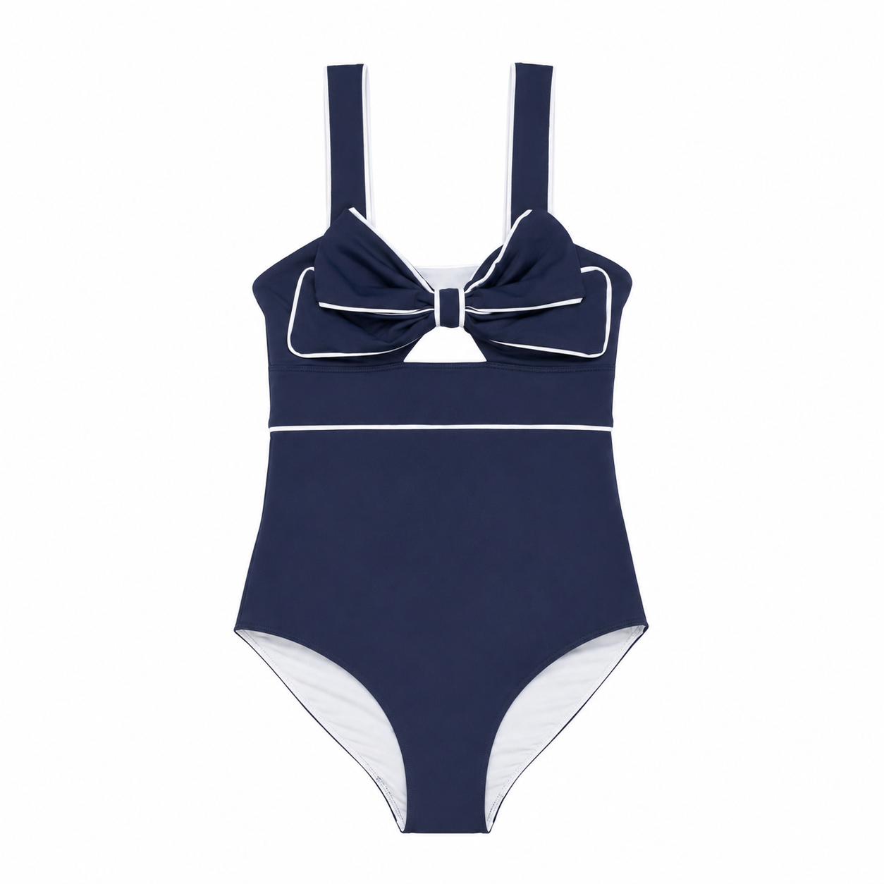 Classic women’s one piece swimsuit with flattering cutouts, bow detail, and full coverage in UPF 50+ swim fabric by Henry Duvall