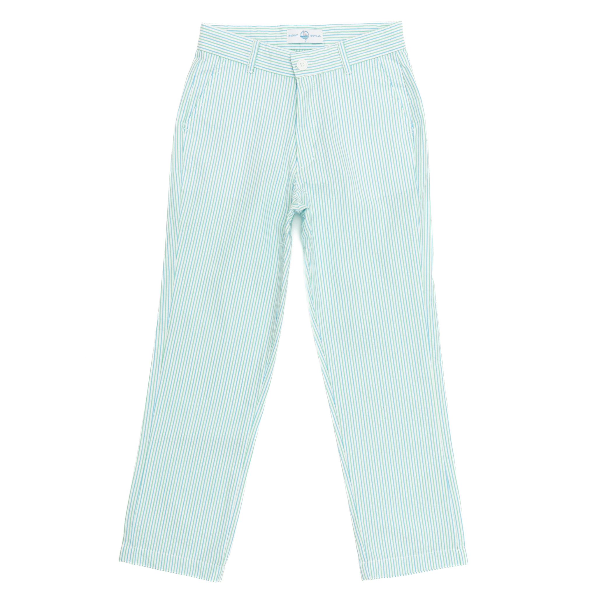 Henry Duvall Bradford Trousers for boys in Seaside Seersucker, a classic tailored boys trouser in mint and blue striped seersucker.
