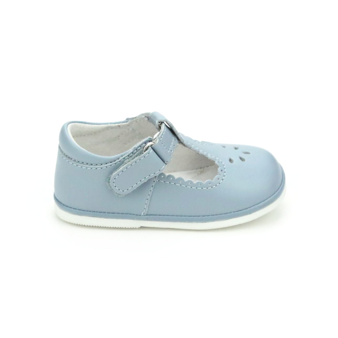 L’Amour Angel Dottie scalloped T-strap baby Mary Jane shoes in soft leather, perfect for early walkers and coordinating with Henry Duvall infant girl outfits