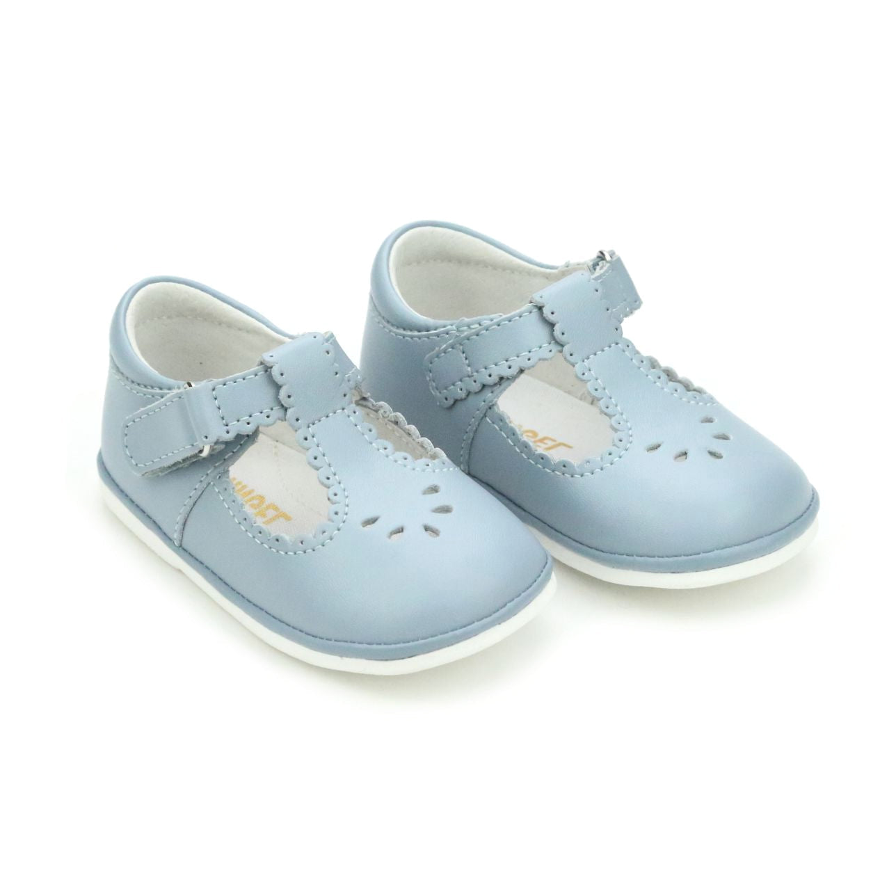 L’Amour Angel Dottie scalloped T-strap baby Mary Jane shoes in soft leather, perfect for early walkers and coordinating with Henry Duvall infant girl outfits