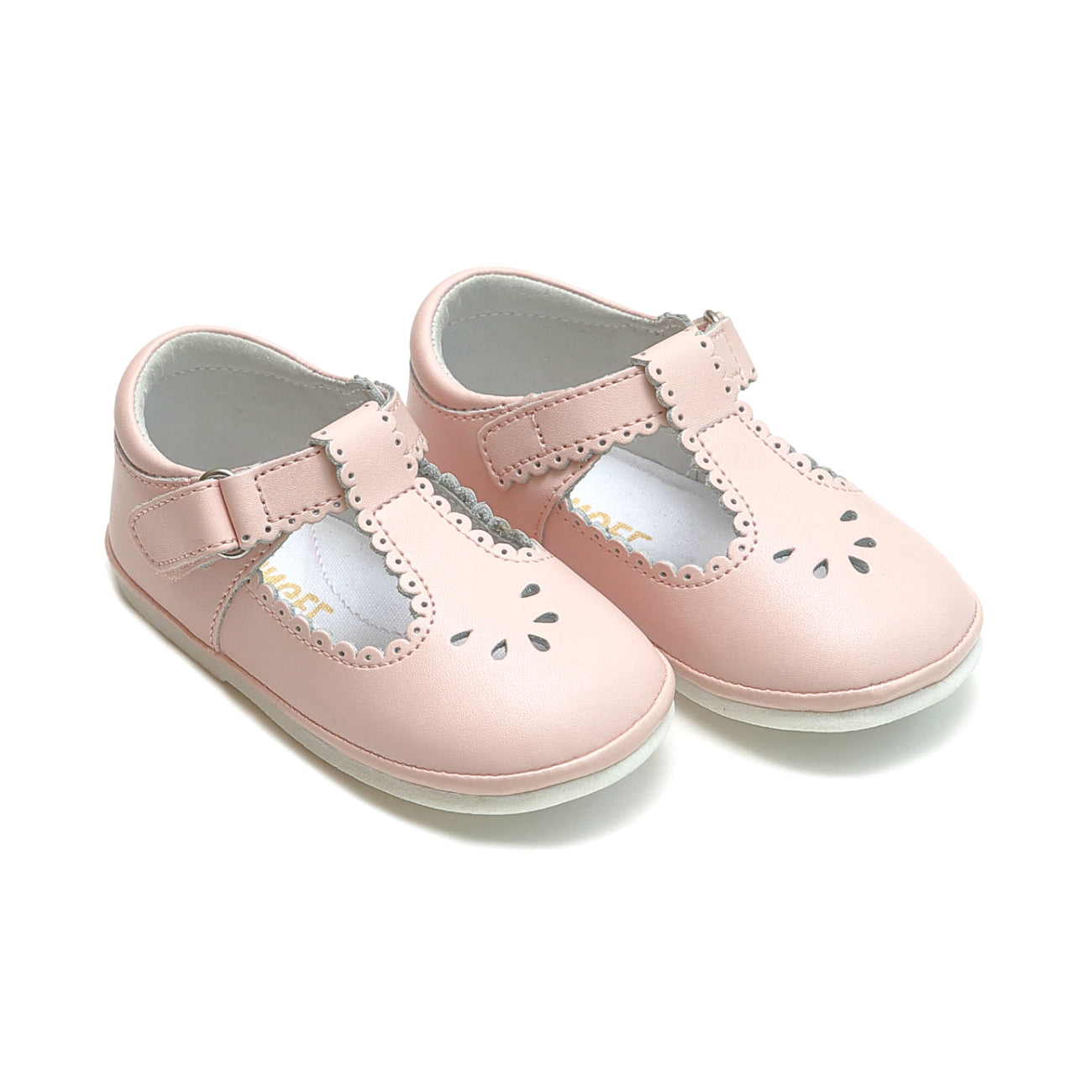 L’Amour Angel Dottie scalloped T-strap baby Mary Jane shoes in soft leather, perfect for early walkers and coordinating with Henry Duvall infant girl outfits