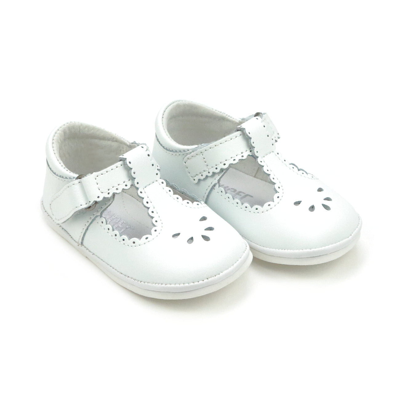 L’Amour Angel Dottie scalloped T-strap baby Mary Jane shoes in soft leather, perfect for early walkers and coordinating with Henry Duvall infant girl outfits