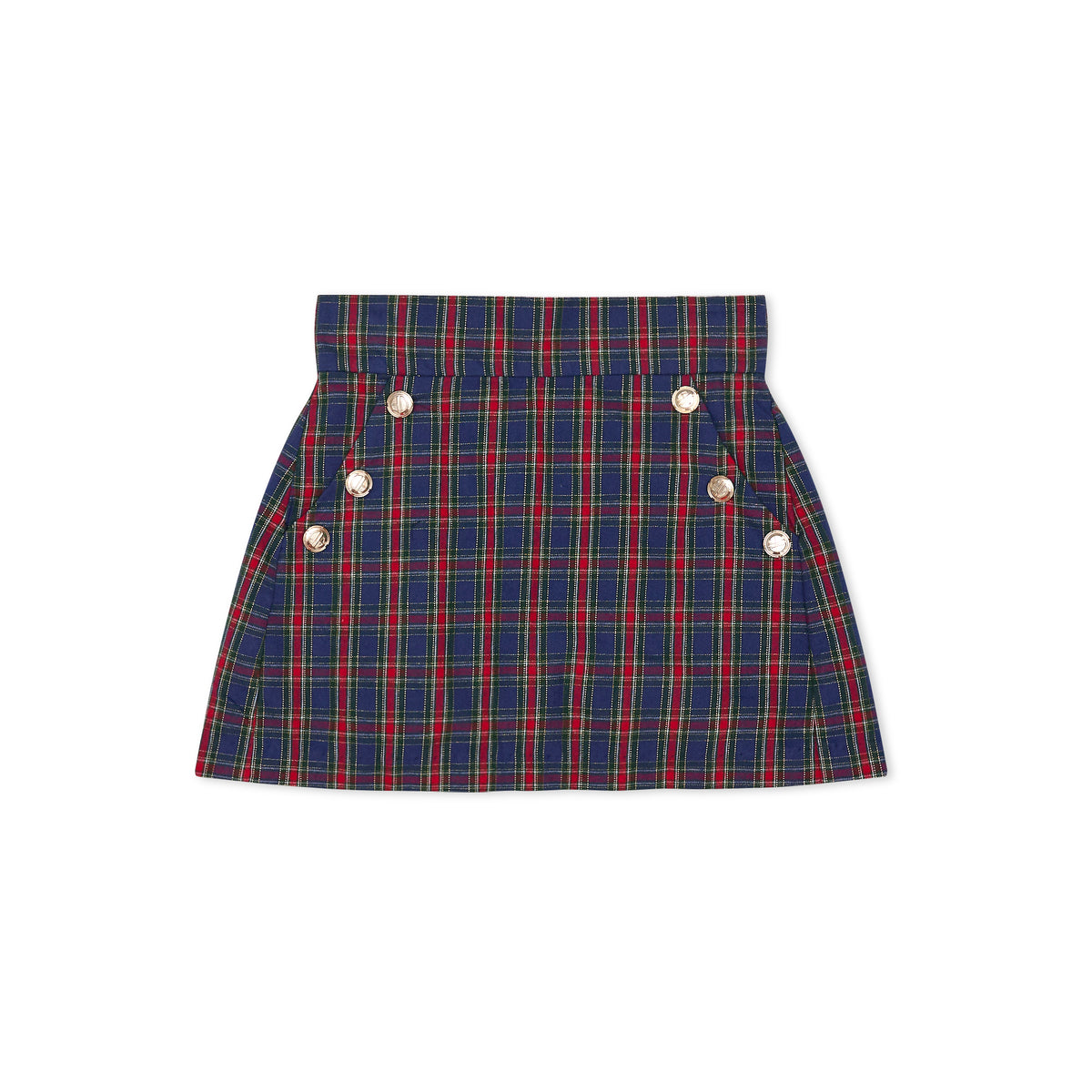 Girls’ Sadie Skirt in navy, red, and green Tinsel Tartan with subtle metallic thread, HD gold buttons, flat front, and A-line silhouette.