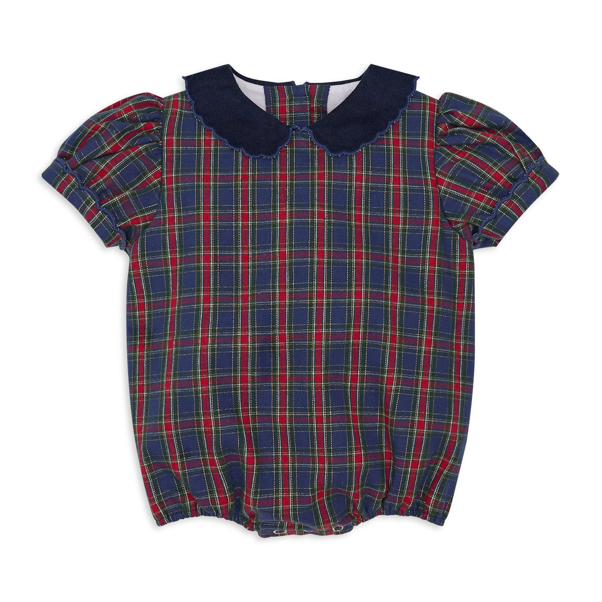 Girls’ Beatrice Bubble in navy, red, and green Tinsel Tartan with subtle metallic thread, Midnight Blue Corduroy scalloped collar, and scalloped sleeve trim.