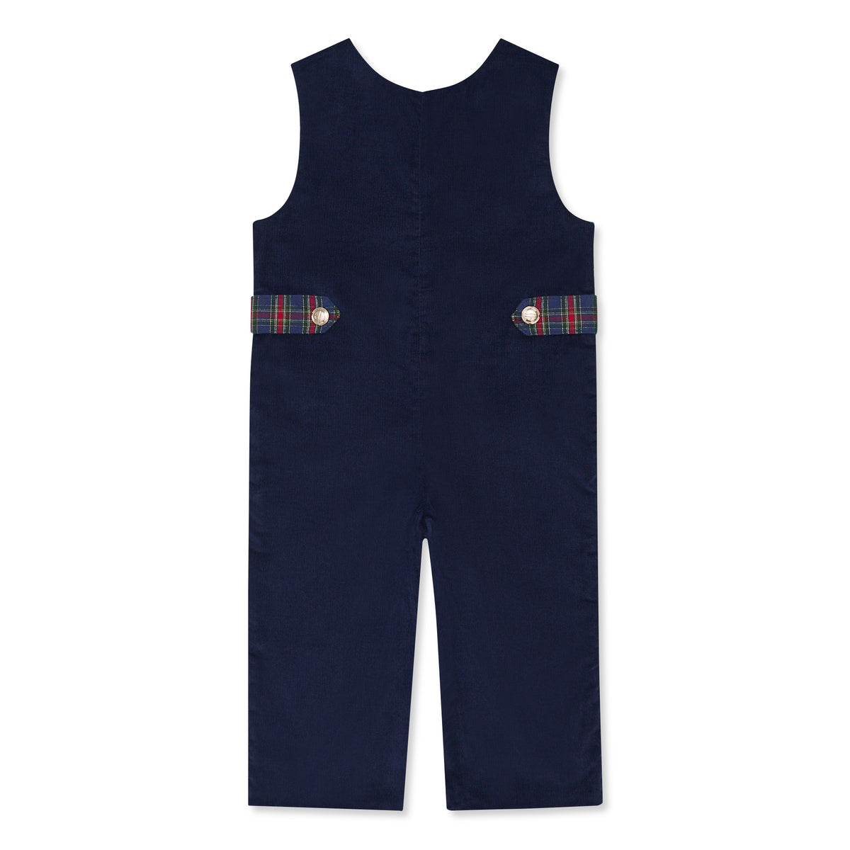 Boys’ Louis Longall in Midnight Blue Corduroy with Tinsel Tartan tabs, HD gold buttons, and full tartan lining designed to show when the cuffs are rolled.
