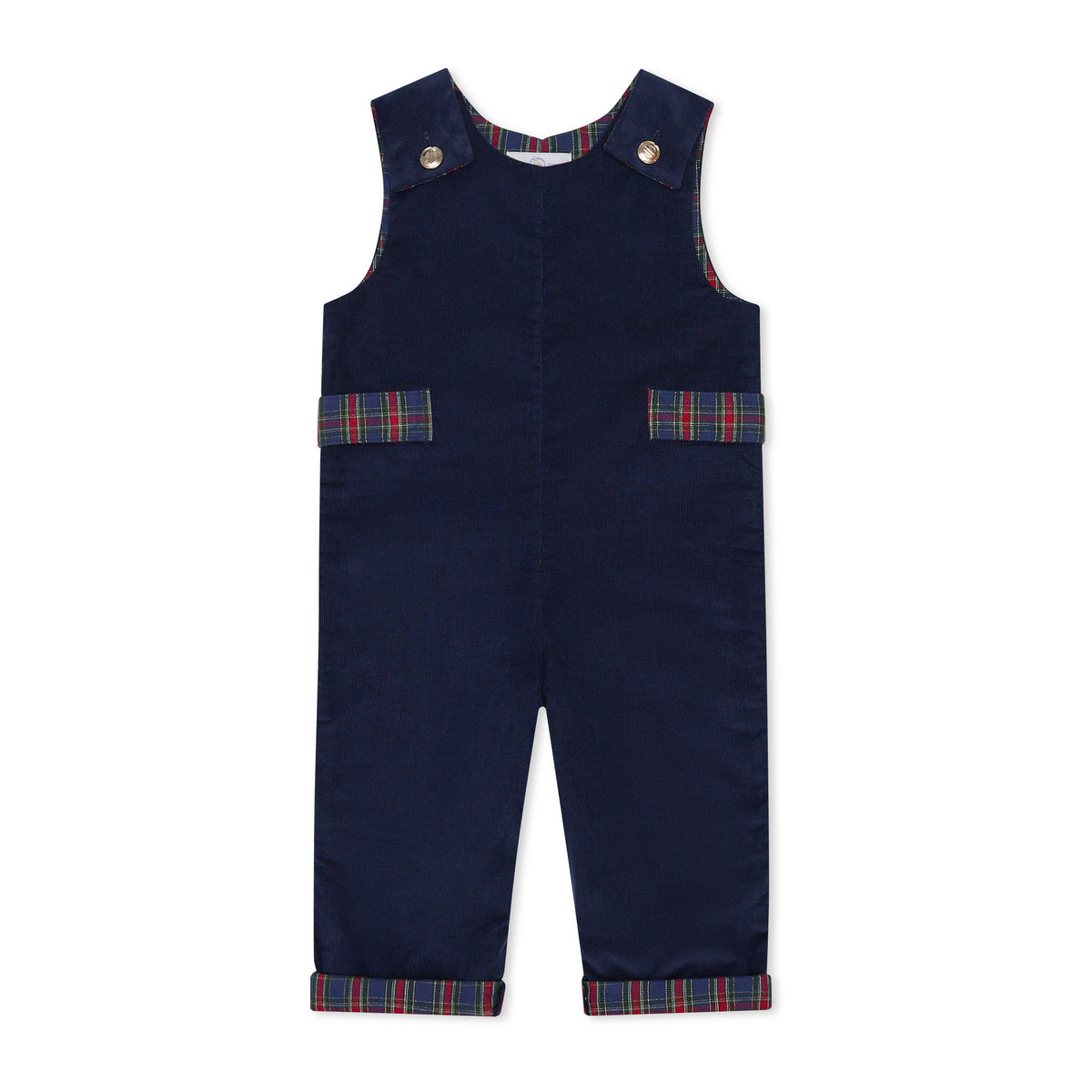 Boys’ Louis Longall in Midnight Blue Corduroy with Tinsel Tartan tabs, HD gold buttons, and full tartan lining designed to show when the cuffs are rolled.