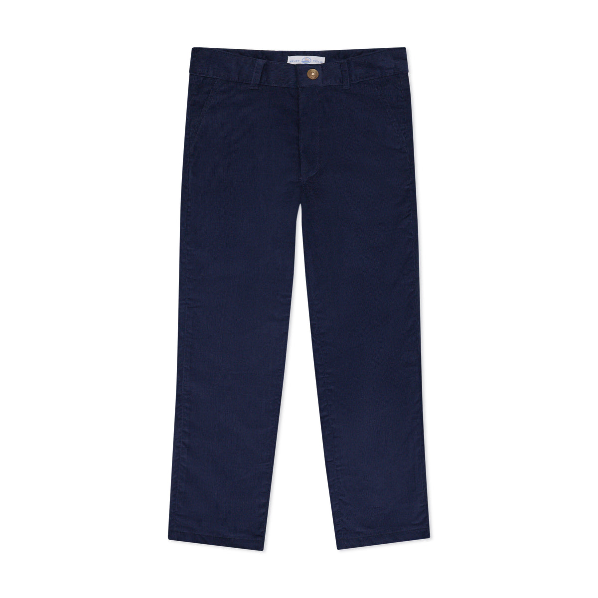 Boys’ Bradford Trousers in Midnight Blue Corduroy, fully lined in Tinsel Tartan with cuffed hems revealing festive navy, red, and green plaid.
