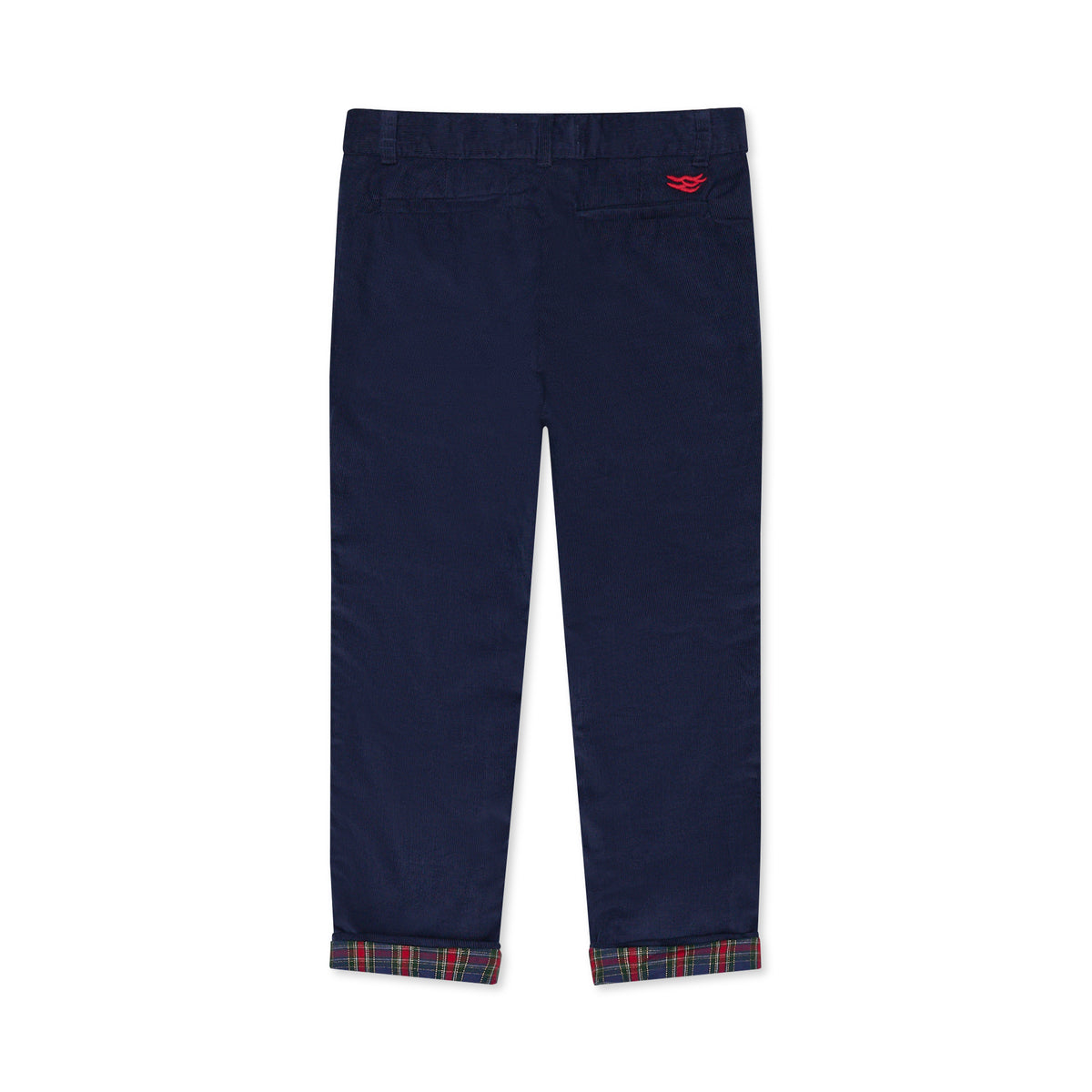 Boys’ Bradford Trousers in Midnight Blue Corduroy, fully lined in Tinsel Tartan with cuffed hems revealing festive navy, red, and green plaid.