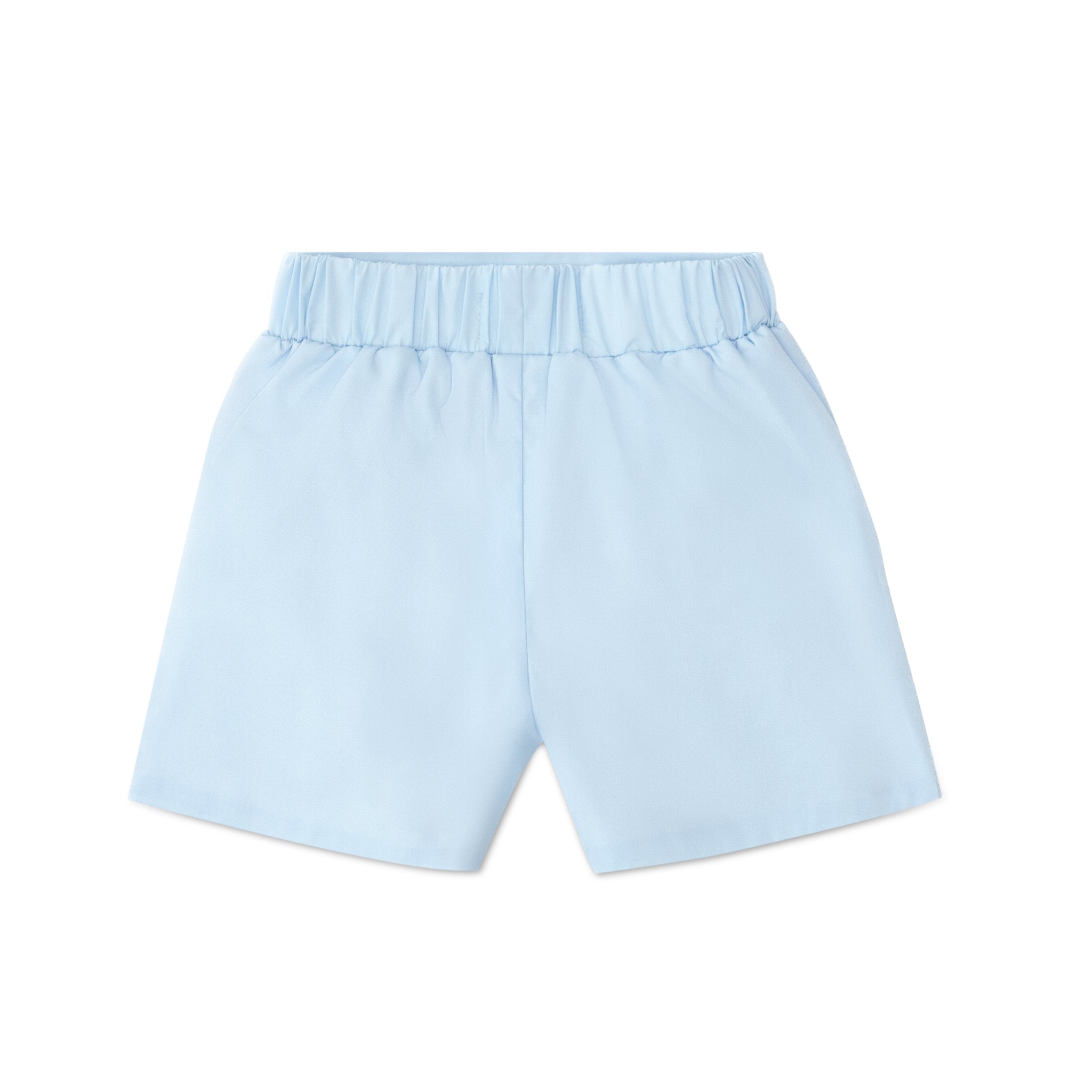 Boys’ light blue spring dress shorts in crisp cotton with flat front and elastic back waistband, by Henry Duvall – versatile for Easter, portraits, and warm-weather occasions.