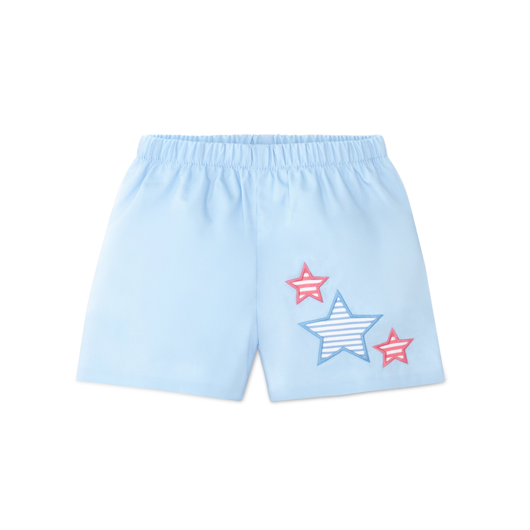 Henry Duvall Liam boys shorts in blue with red white and blue star embroidery, classic preppy patriotic shorts for Memorial Day, 4th of July, and summer wear