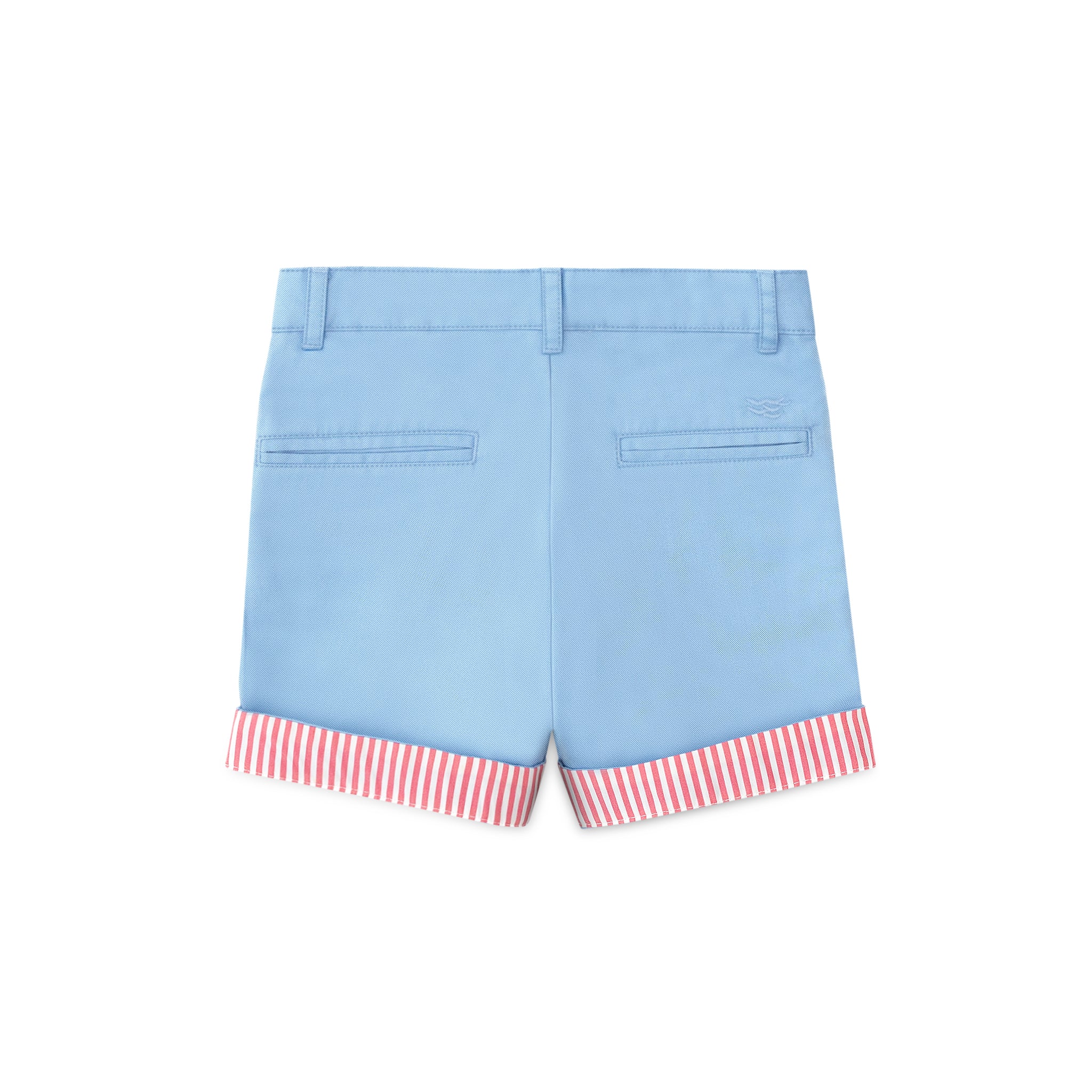 Henry Duvall Wyatt boys shorts in East Beach Blue with Seaside Stripe cuff, classic preppy summer shorts for Memorial Day, 4th of July, and everyday wear