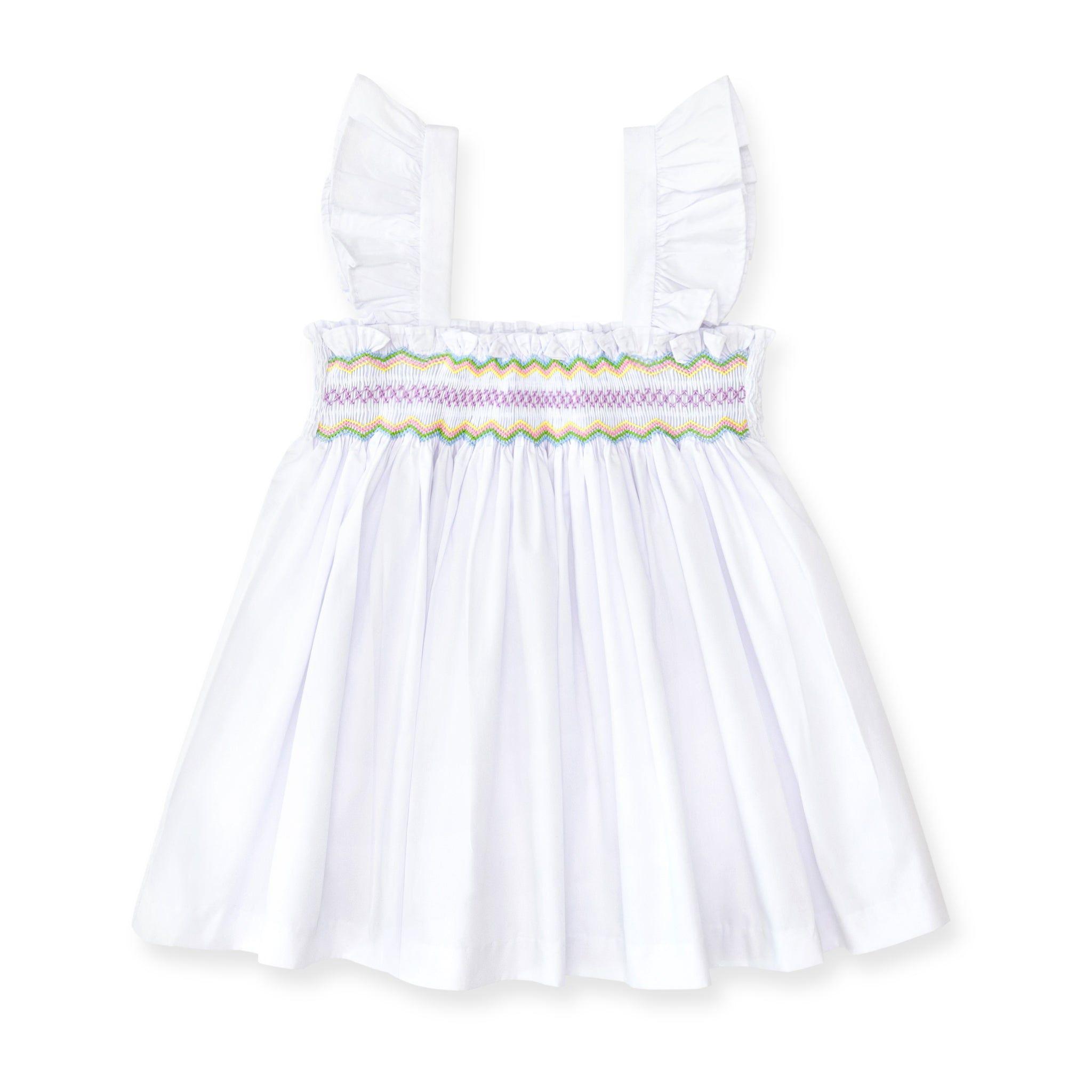 Henry Duvall girls smocked shorts set in Classic White, a classic two-piece outfit with flutter sleeves and blue embroidered smocking.
