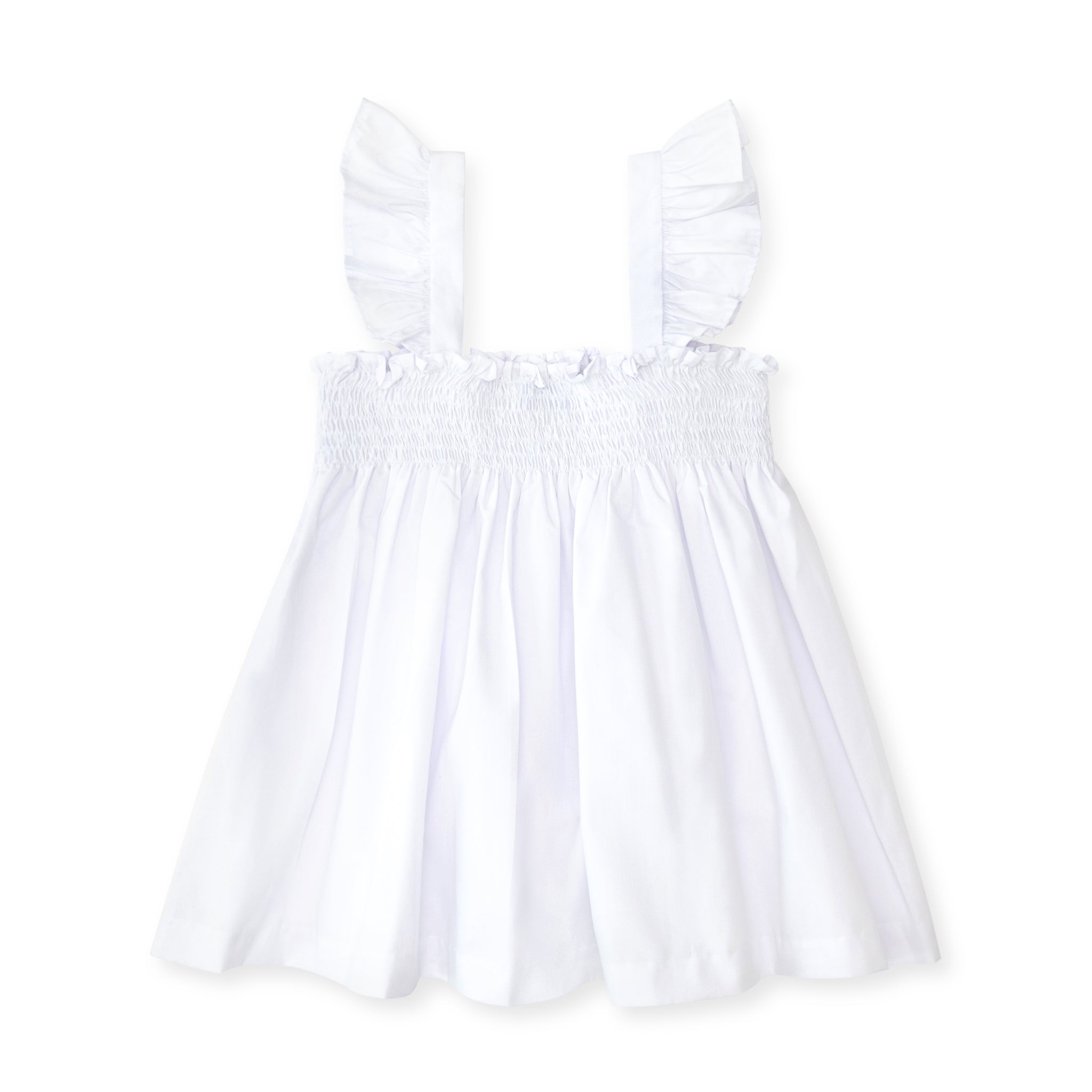 Henry Duvall girls smocked shorts set in Classic White, a classic two-piece outfit with flutter sleeves and blue embroidered smocking.